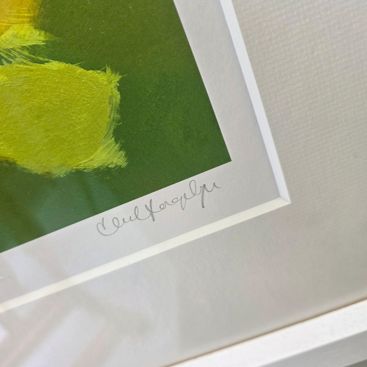 Chiff Chaff In Lush Greens by Heidi Langridge, signature detail, photographed framed for Primrose Gallery