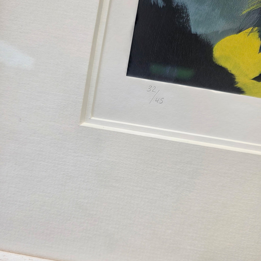 Goldcrests In Yellow And Grey by Heidi Langridge, edition detail, photographed framed for Primrose Gallery