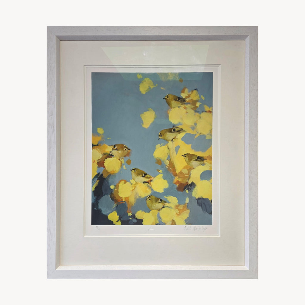 Goldcrests In Yellow And Grey by Heidi Langridge, front, photographed framed for Primrose Gallery