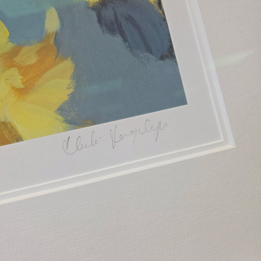 Goldcrests In Yellow And Grey by Heidi Langridge, signature detail, photographed framed for Primrose Gallery