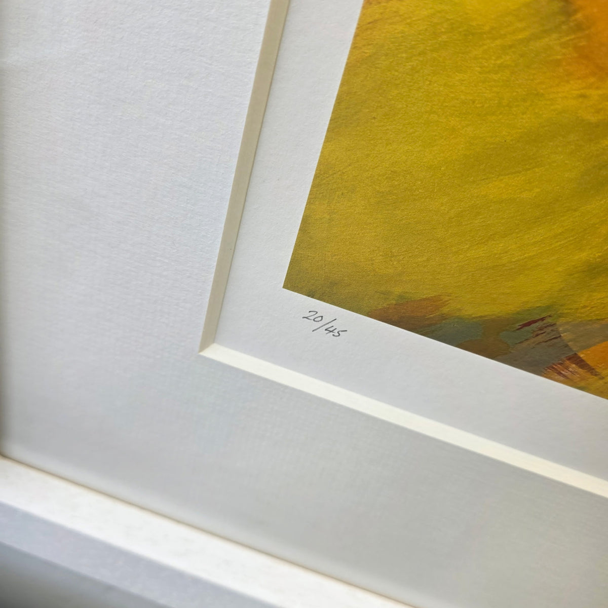 Goldfinch In Parchment And Yellow by Heidi Langridge, edition detail, photographed framed for Primrose Gallery