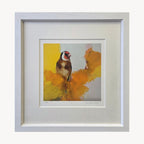 Goldfinch In Parchment And Yellow by Heidi Langridge, front, photographed framed for Primrose Gallery