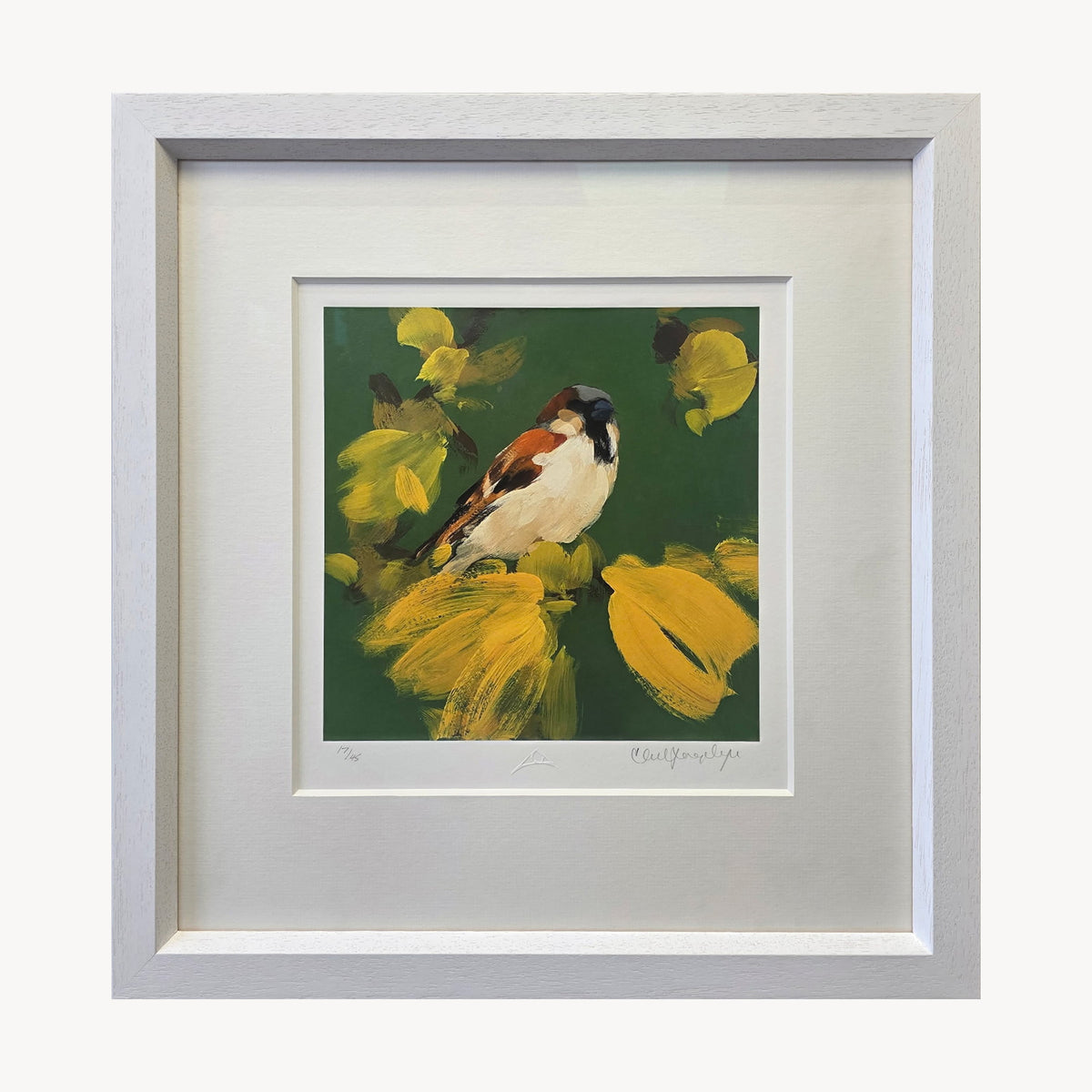 Sparrow In Racing Green With Yellow by Heidi Langridge, front, photographed framed for Primrose Gallery