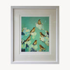 Warblers In Green by Heidi Langridge, front, photographed framed for Primrose Gallery