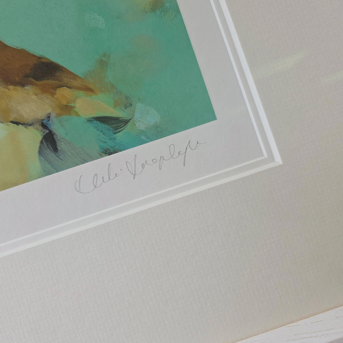 Warblers In Green by Heidi Langridge, signature detail, photographed framed for Primrose Gallery