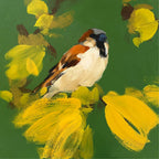 sparrow in racing green with yellow by Heidi Langridge — artwork detail, without mount or frame