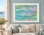 Illustrative interior mockup of A-Where-Wa by Iris Grace in a white frame, with a complementary room scene