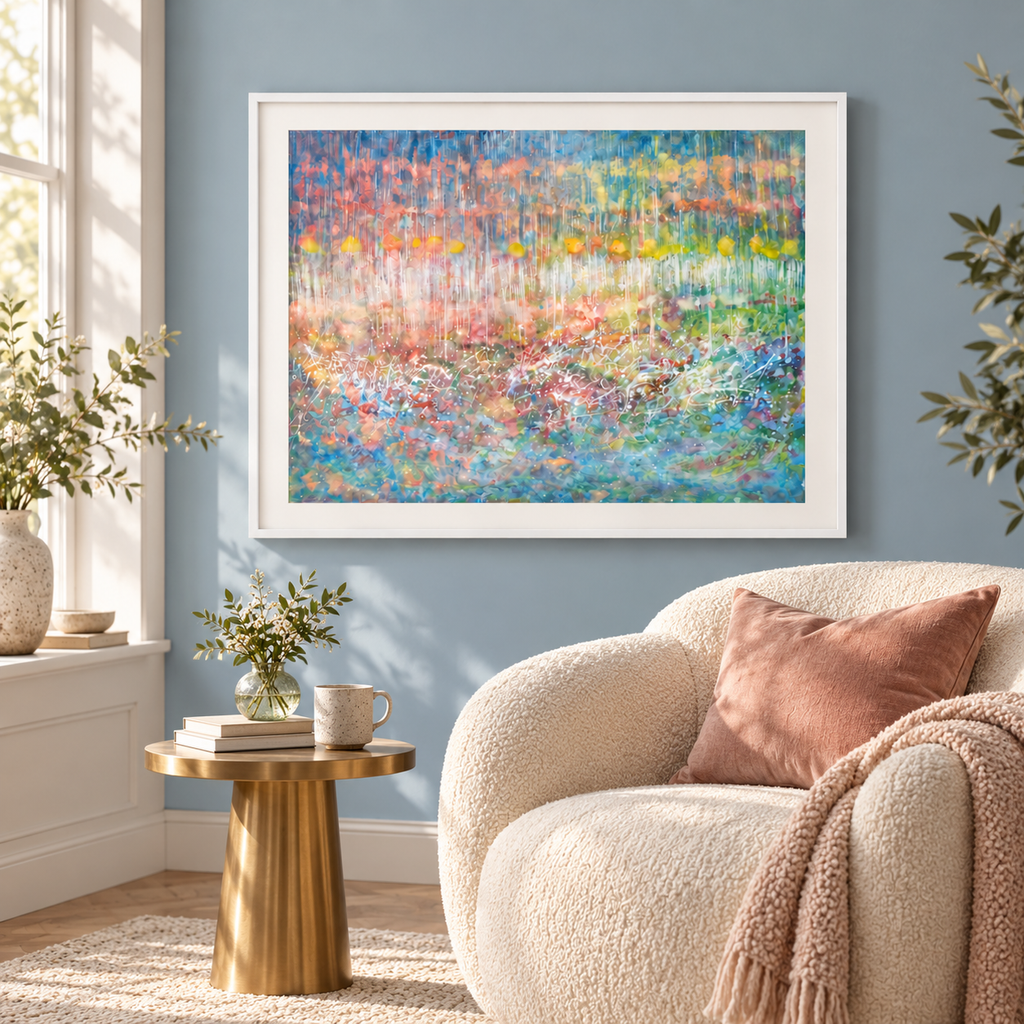 Illustrative interior mockup of Anima by Iris Grace in a white frame, with a complementary room scene