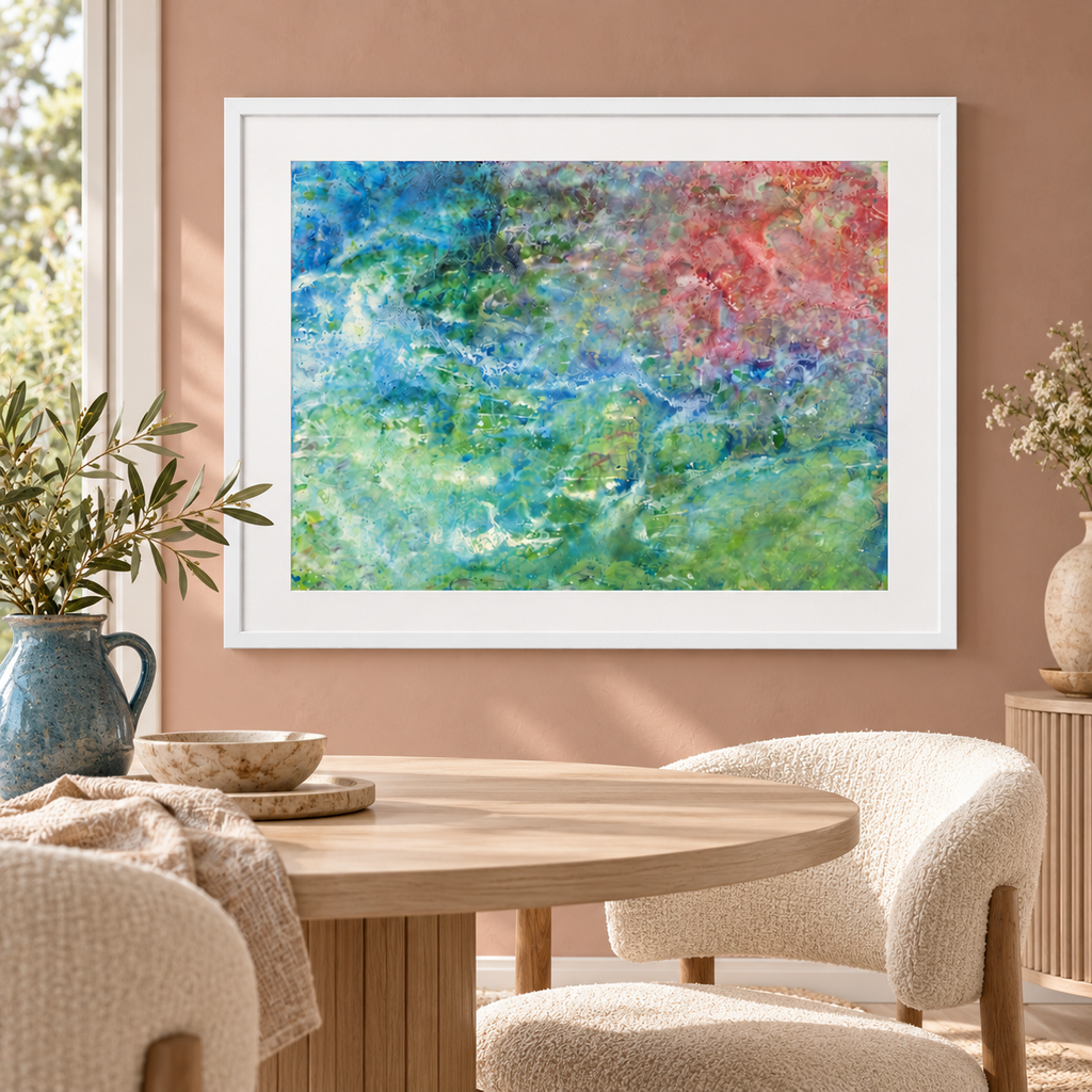 Illustrative interior mockup of Arien by Iris Grace in a white frame, with a complementary room scene