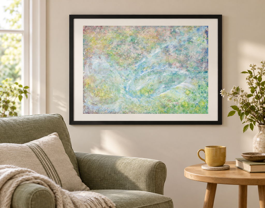 Illustrative room mockup of Balasana by Iris Grace in a black frame