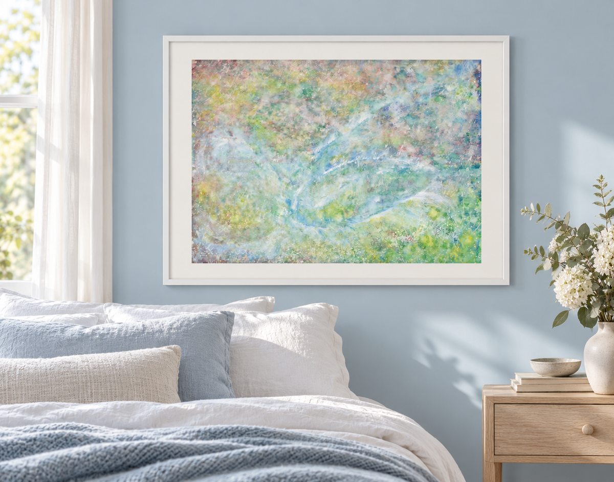 Illustrative interior mockup of Balasana by Iris Grace in a white frame, with a complementary room scene