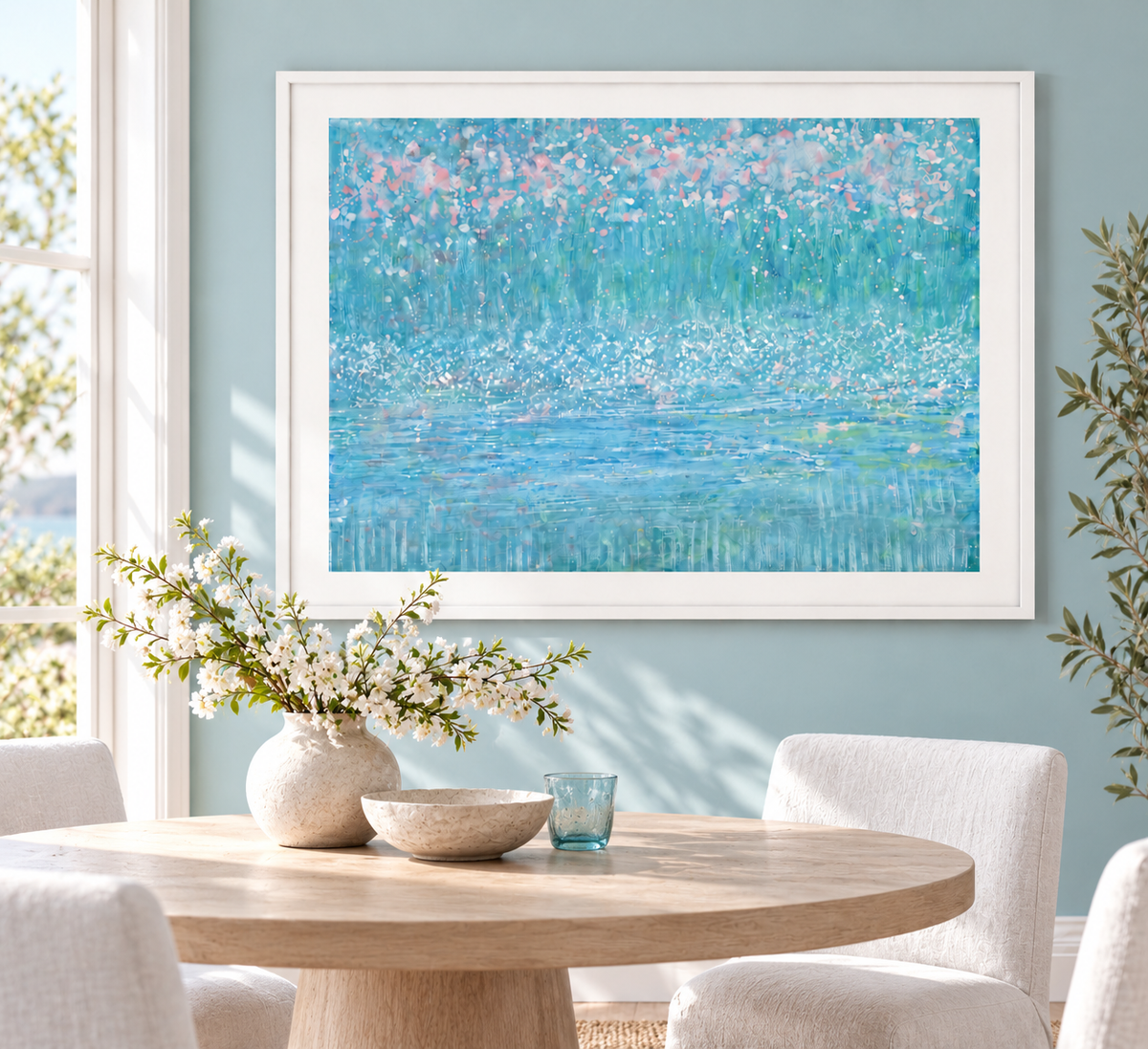 Illustrative interior mockup of Blossom in the Wind by Iris Grace in a white frame, with a complementary room scene