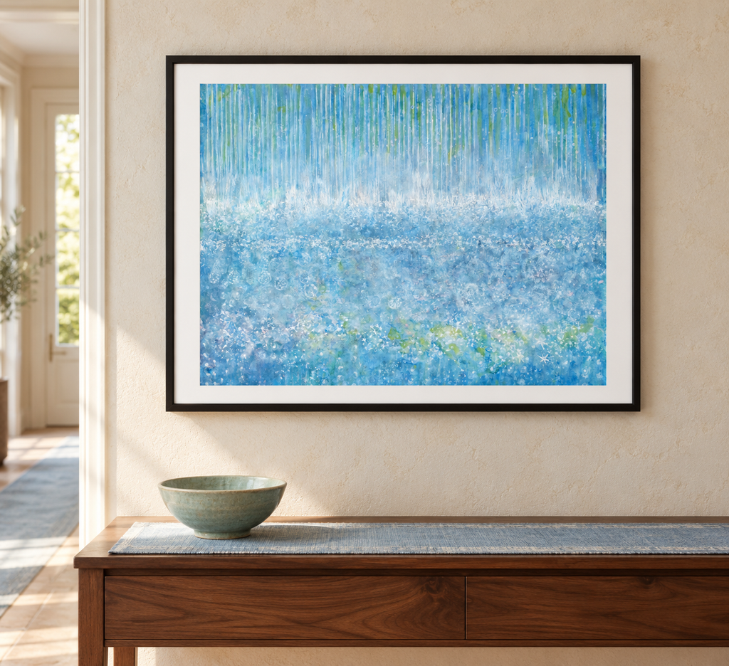 Illustrative room mockup of Blue Grace by Iris Grace in a black frame