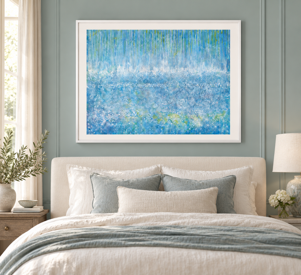 Illustrative interior mockup of Blue Grace by Iris Grace in a white frame, with a complementary room scene