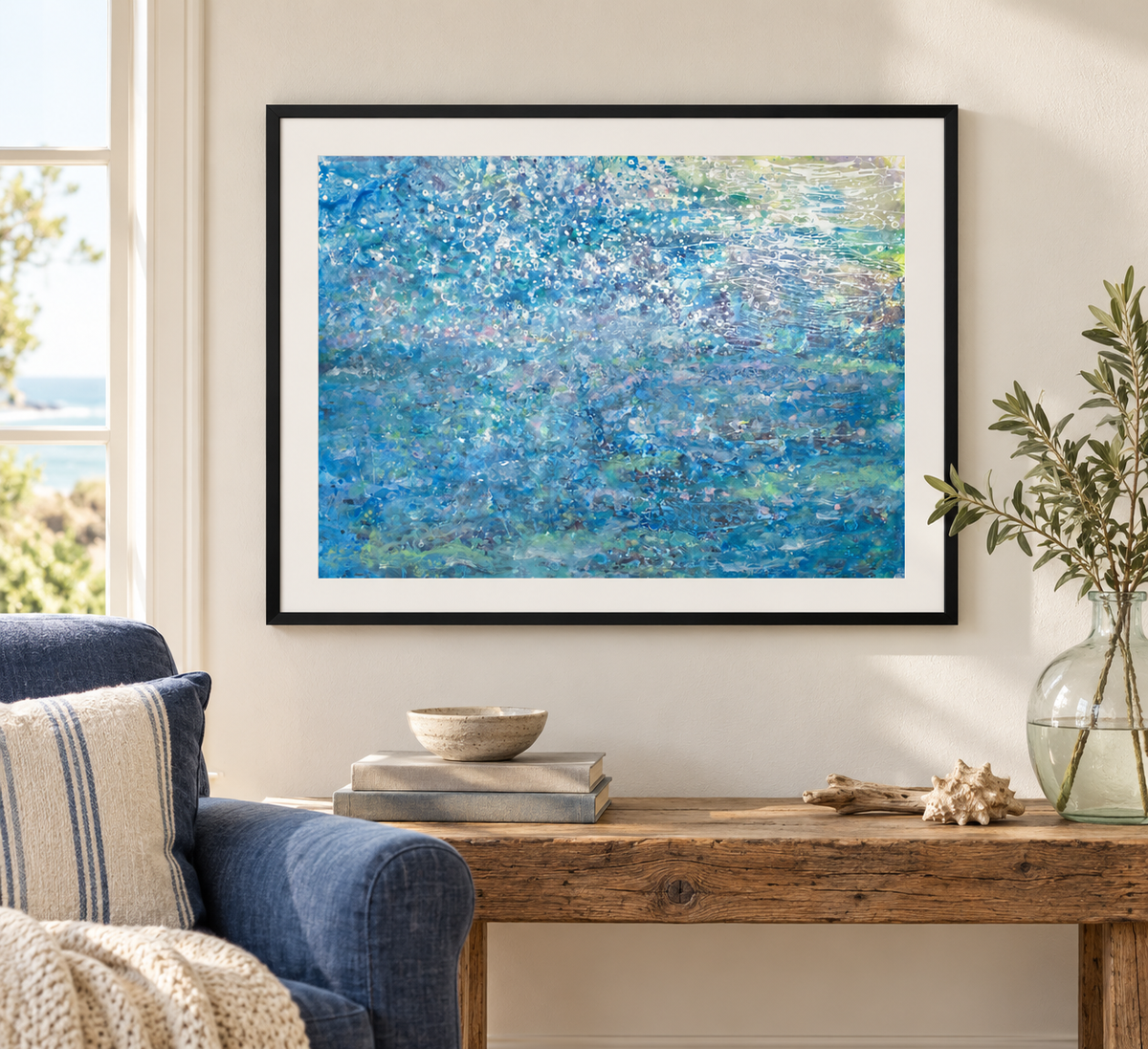 Illustrative room mockup of Blue Planet by Iris Grace in a black frame
