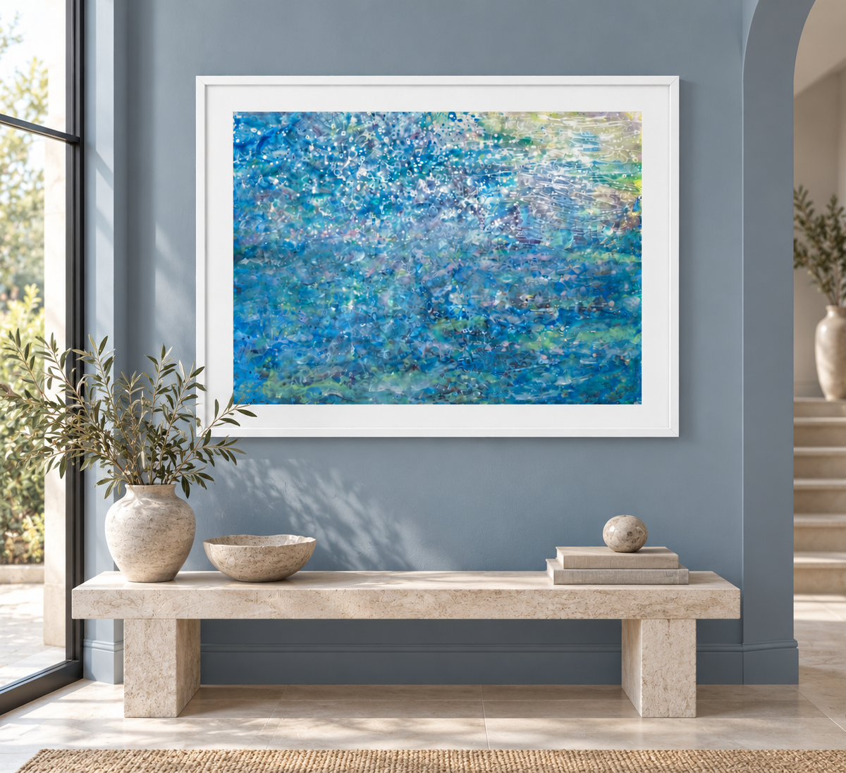 Illustrative interior mockup of Blue Planet by Iris Grace in a white frame, with a complementary room scene