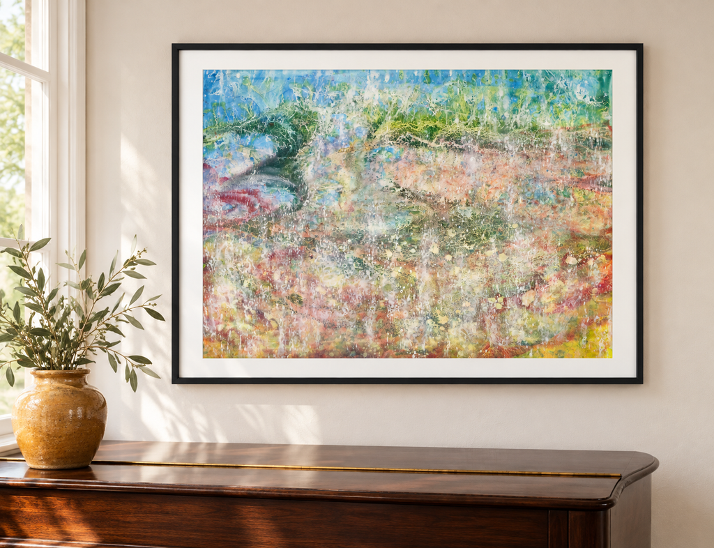 Illustrative room mockup of Carmen Fantasy by Iris Grace in a black frame