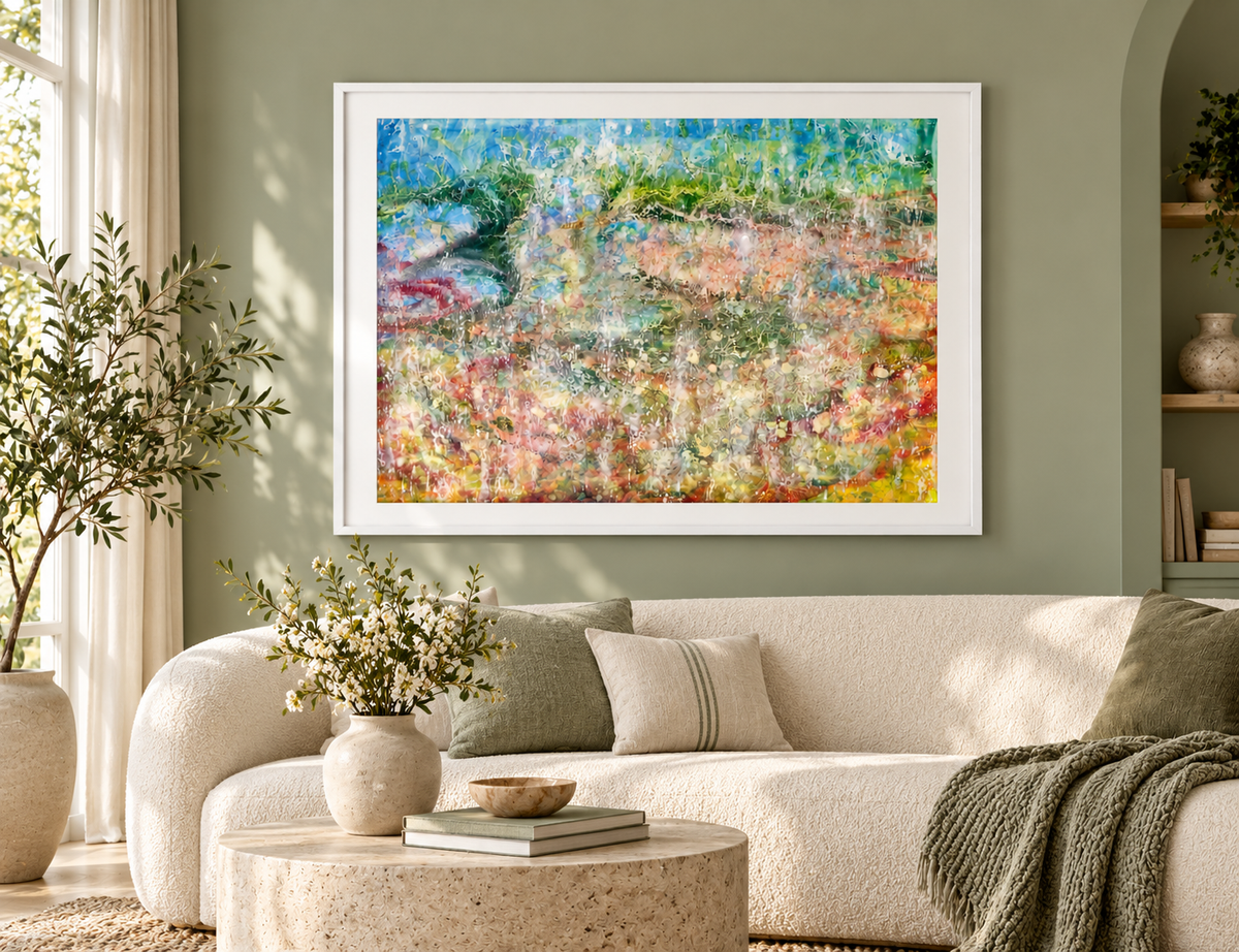 Illustrative interior mockup of Carmen Fantasy by Iris Grace in a white frame, with a complementary room scene