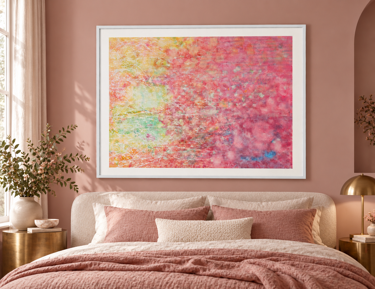 Illustrative interior mockup of Cinnabar by Iris Grace in a white frame, with a complementary room scene