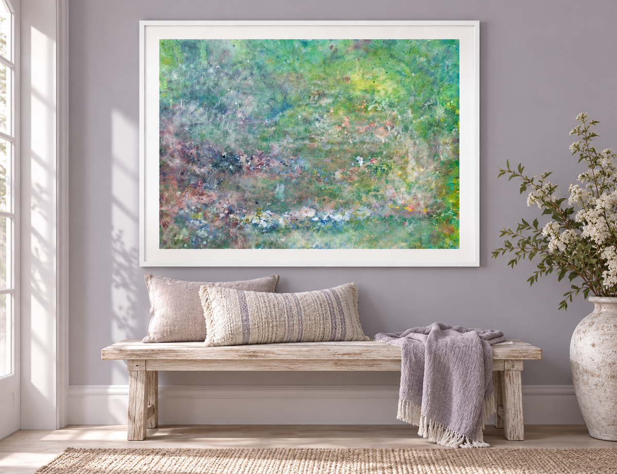 Illustrative interior mockup of Dance by the Light of the Moon by Iris Grace in a white frame, with a complementary room scene