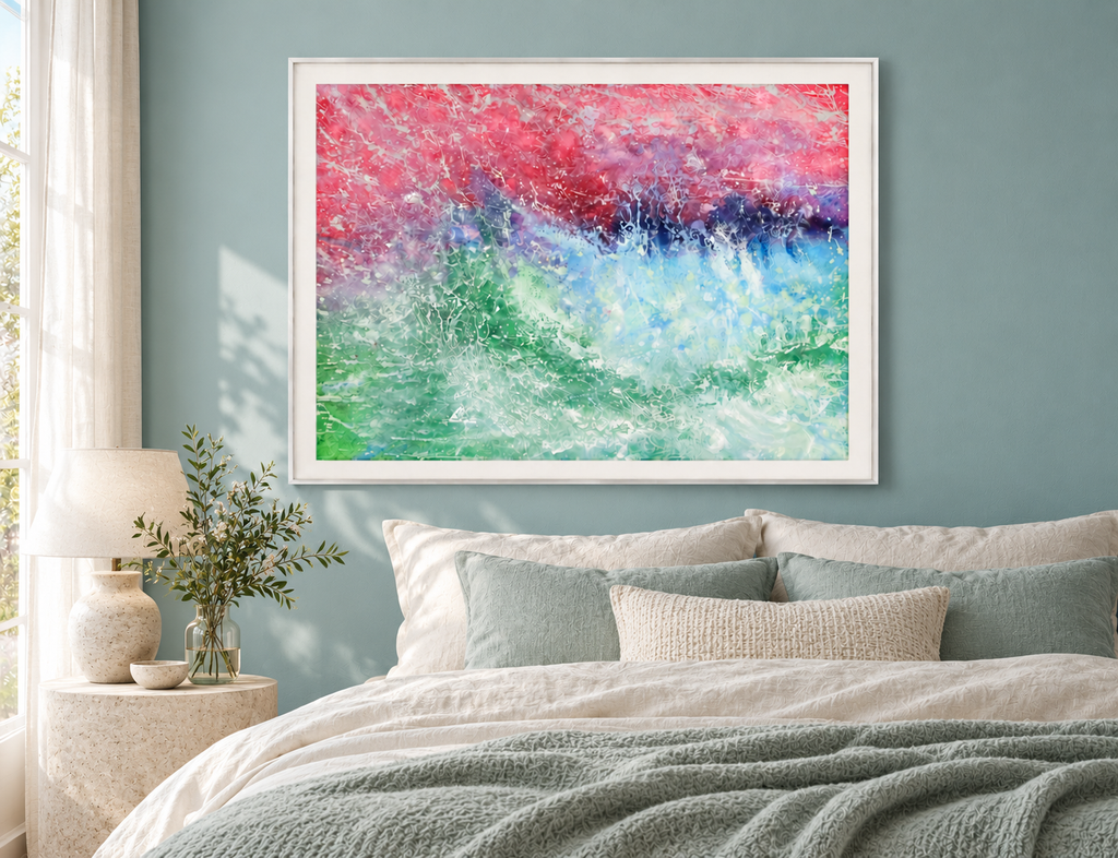 Illustrative interior mockup of Dance to the Oboe by Iris Grace in a white frame, with a complementary room scene