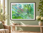 Illustrative room mockup of Dancing in Snowflakes by Iris Grace in a black frame