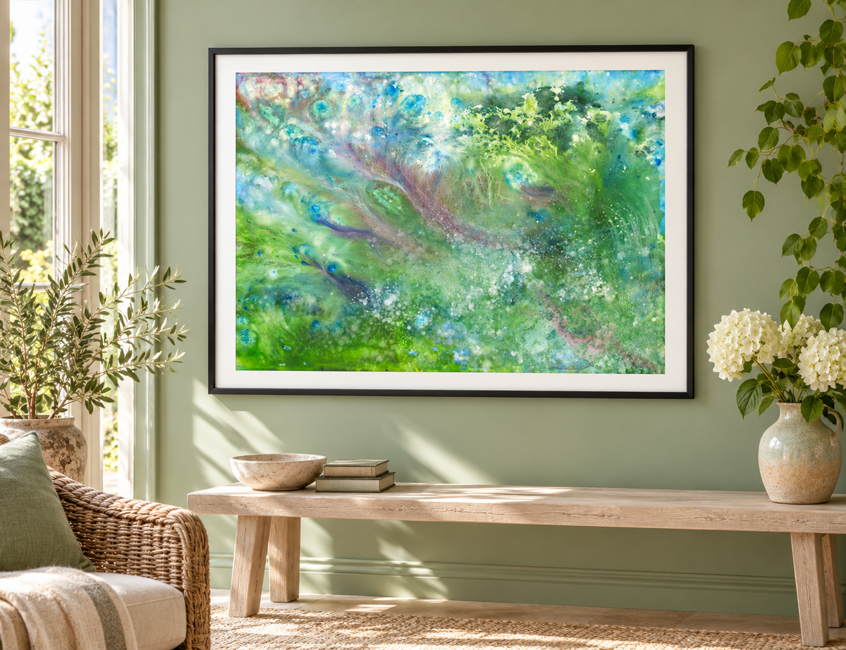 Illustrative room mockup of Dancing in Snowflakes by Iris Grace in a black frame
