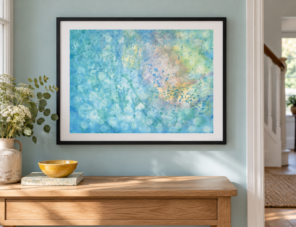 Illustrative room mockup of Equilibrium by Iris Grace in a black frame