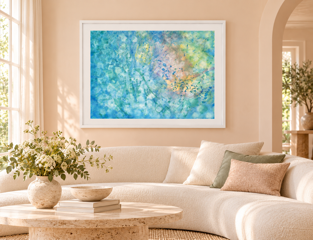 Illustrative interior mockup of Equilibrium by Iris Grace in a white frame, with a complementary room scene