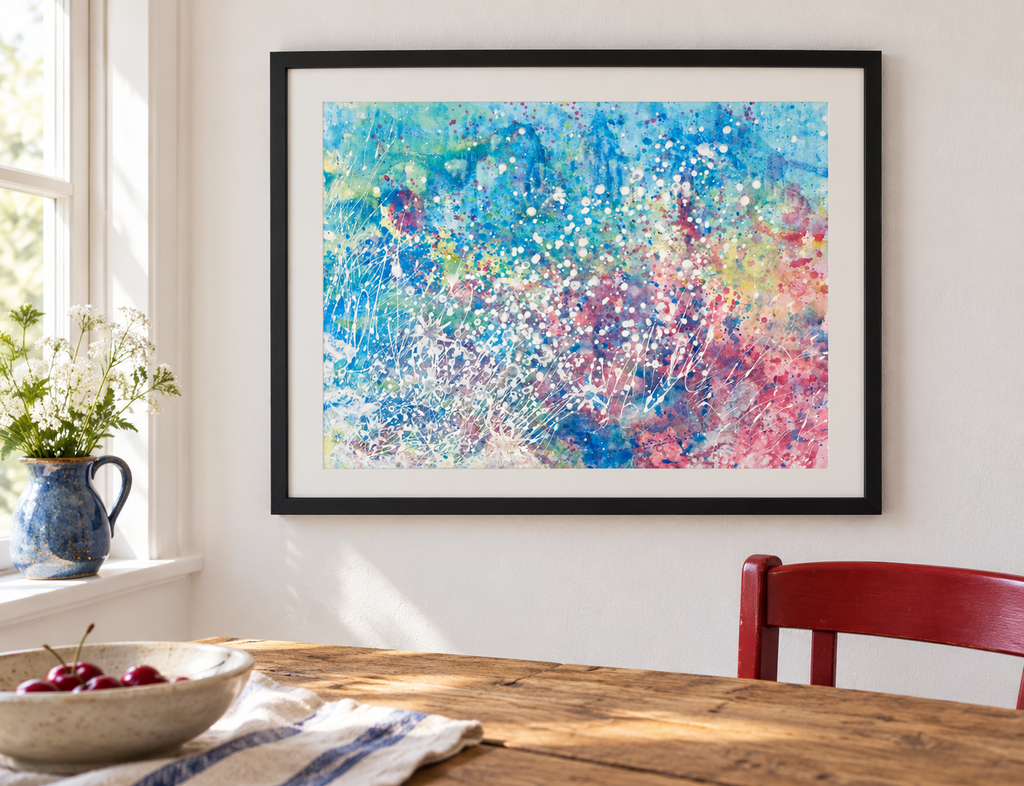 Illustrative room mockup of Explosions of Colour by Iris Grace in a black frame