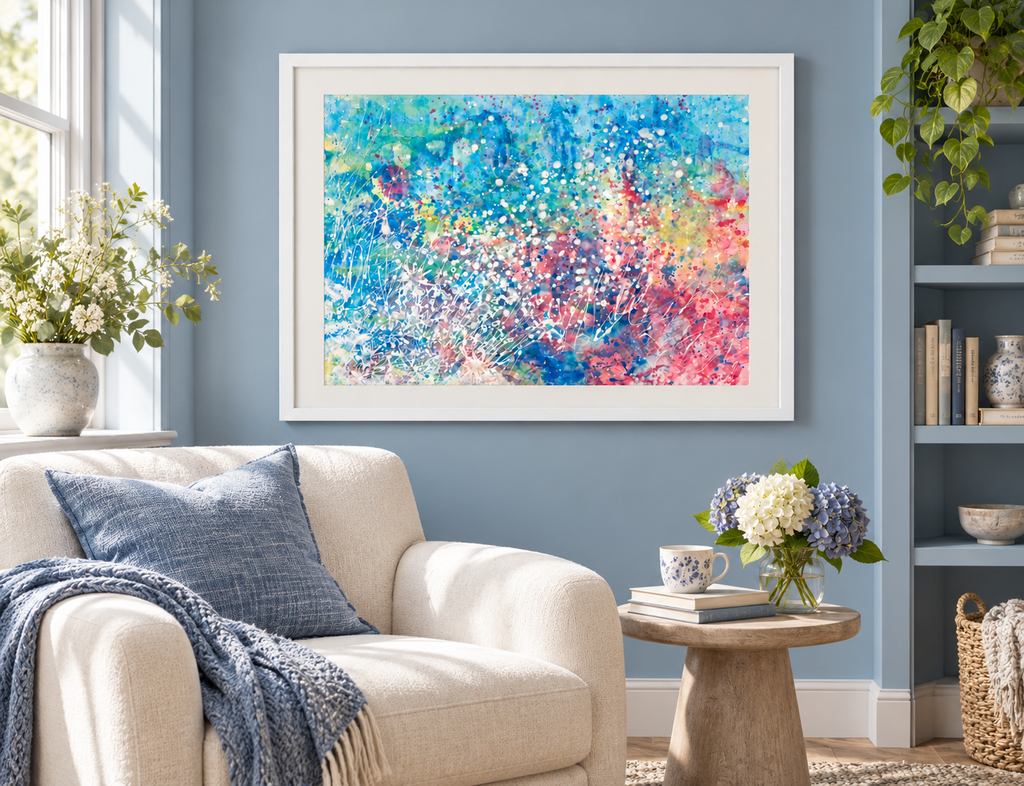 Illustrative interior mockup of Explosions of Colour by Iris Grace in a white frame, with a complementary room scene