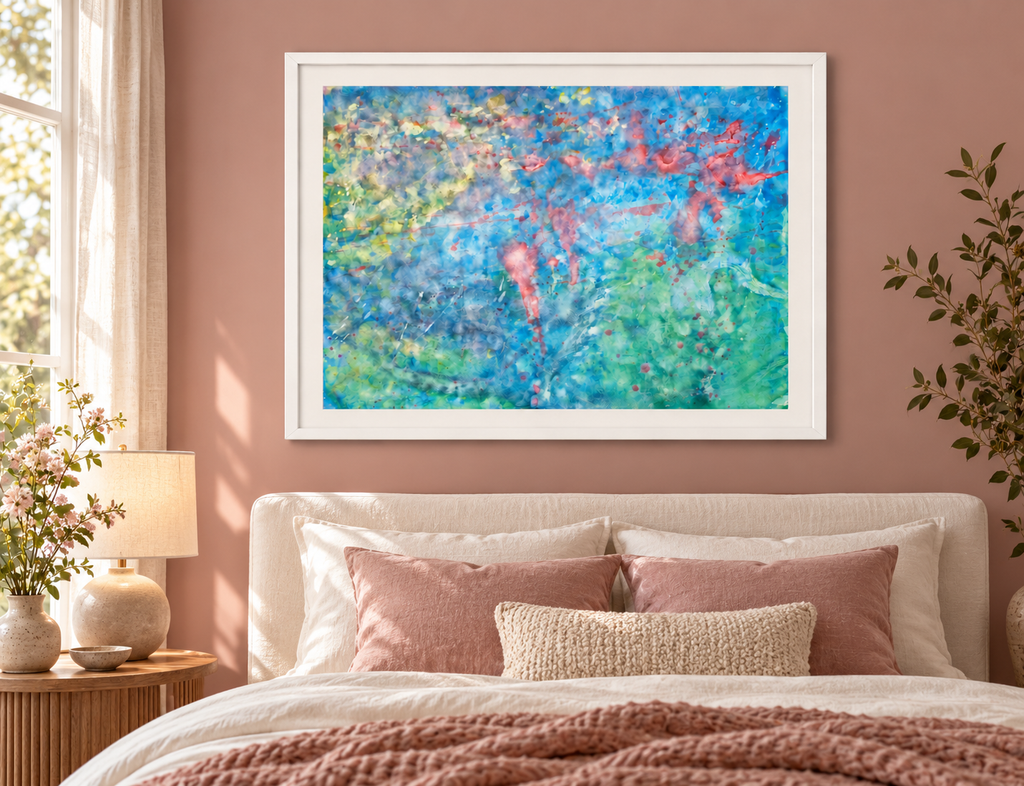 Illustrative interior mockup of Fable by Iris Grace in a white frame, with a complementary room scene