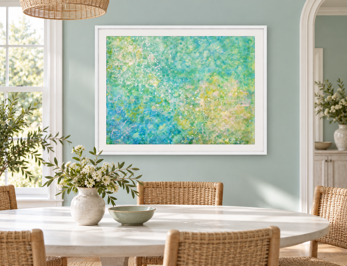 Illustrative interior mockup of Follow The Fleet by Iris Grace in a white frame, with a complementary room scene