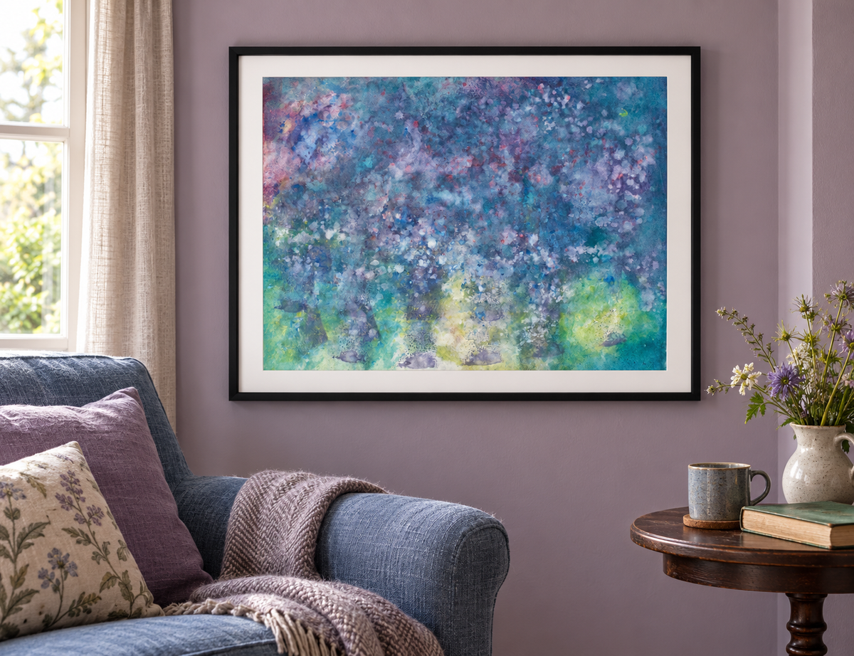 Illustrative room mockup of Hiatus by Iris Grace in a black frame