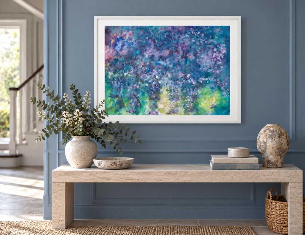 Illustrative interior mockup of Hiatus by Iris Grace in a white frame, with a complementary room scene