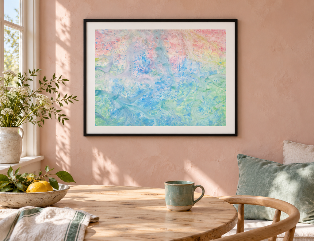 Illustrative room mockup of Immersion by Iris Grace in a black frame