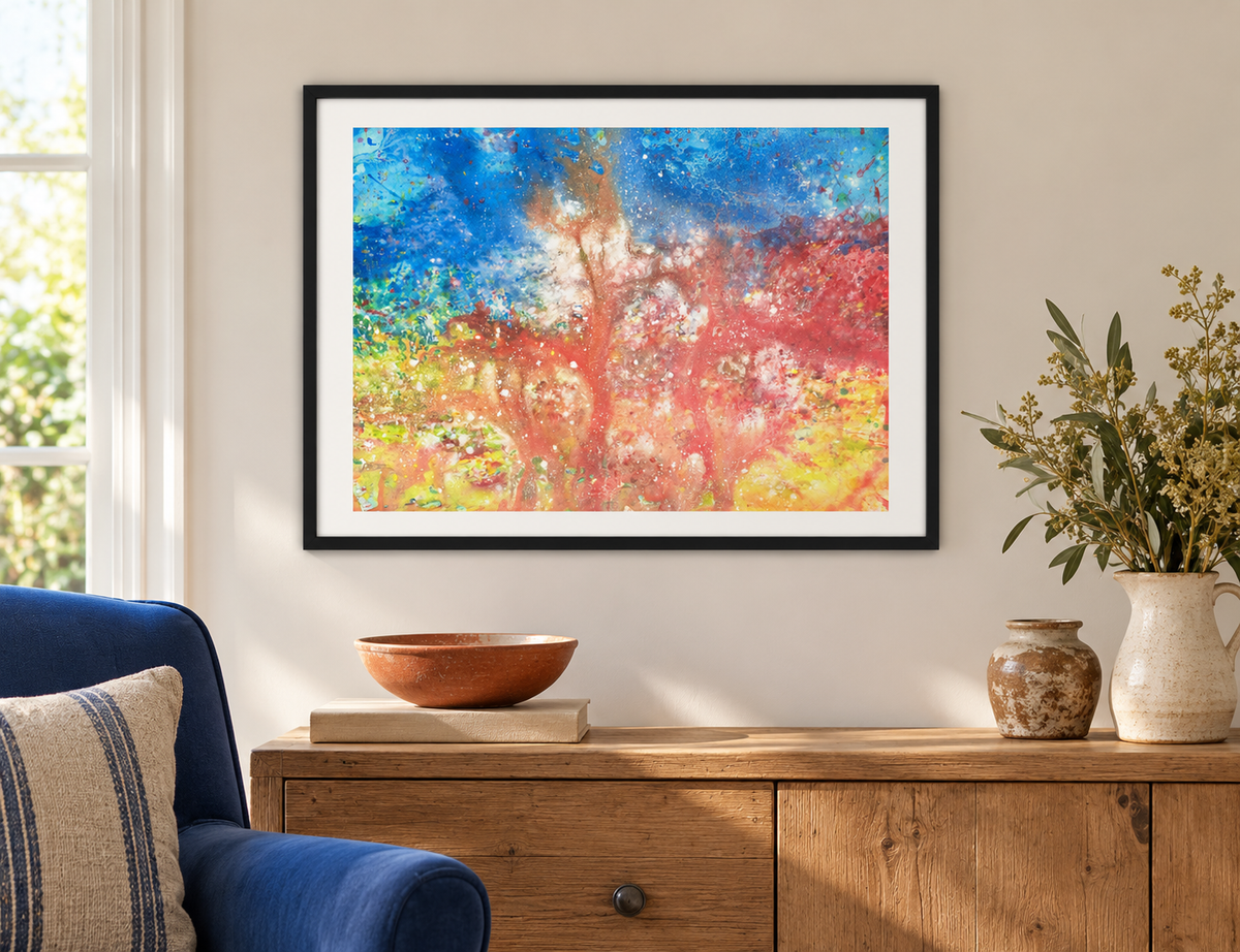 Illustrative room mockup of Innsaei by Iris Grace in a black frame