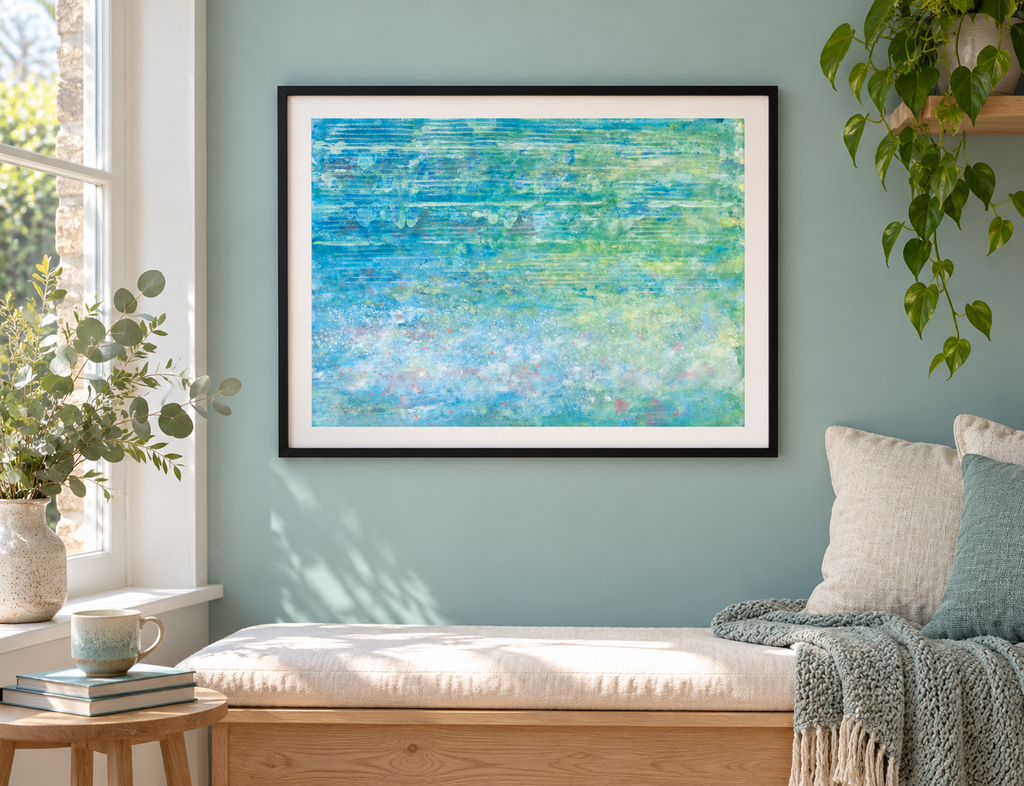 Illustrative room mockup of Journey by Iris Grace in a black frame