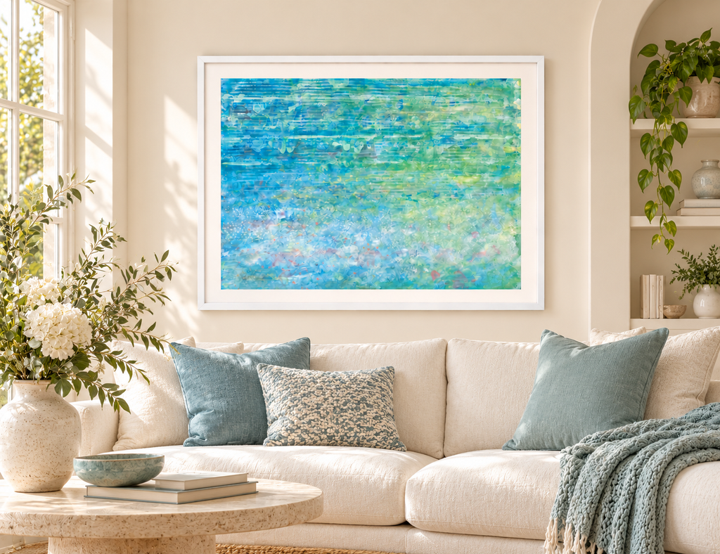 Illustrative interior mockup of Journey by Iris Grace in a white frame, with a complementary room scene