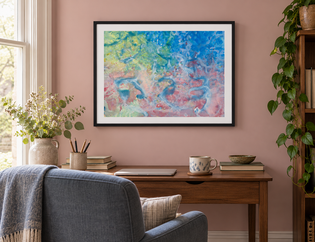 Illustrative room mockup of Koi by Iris Grace in a black frame