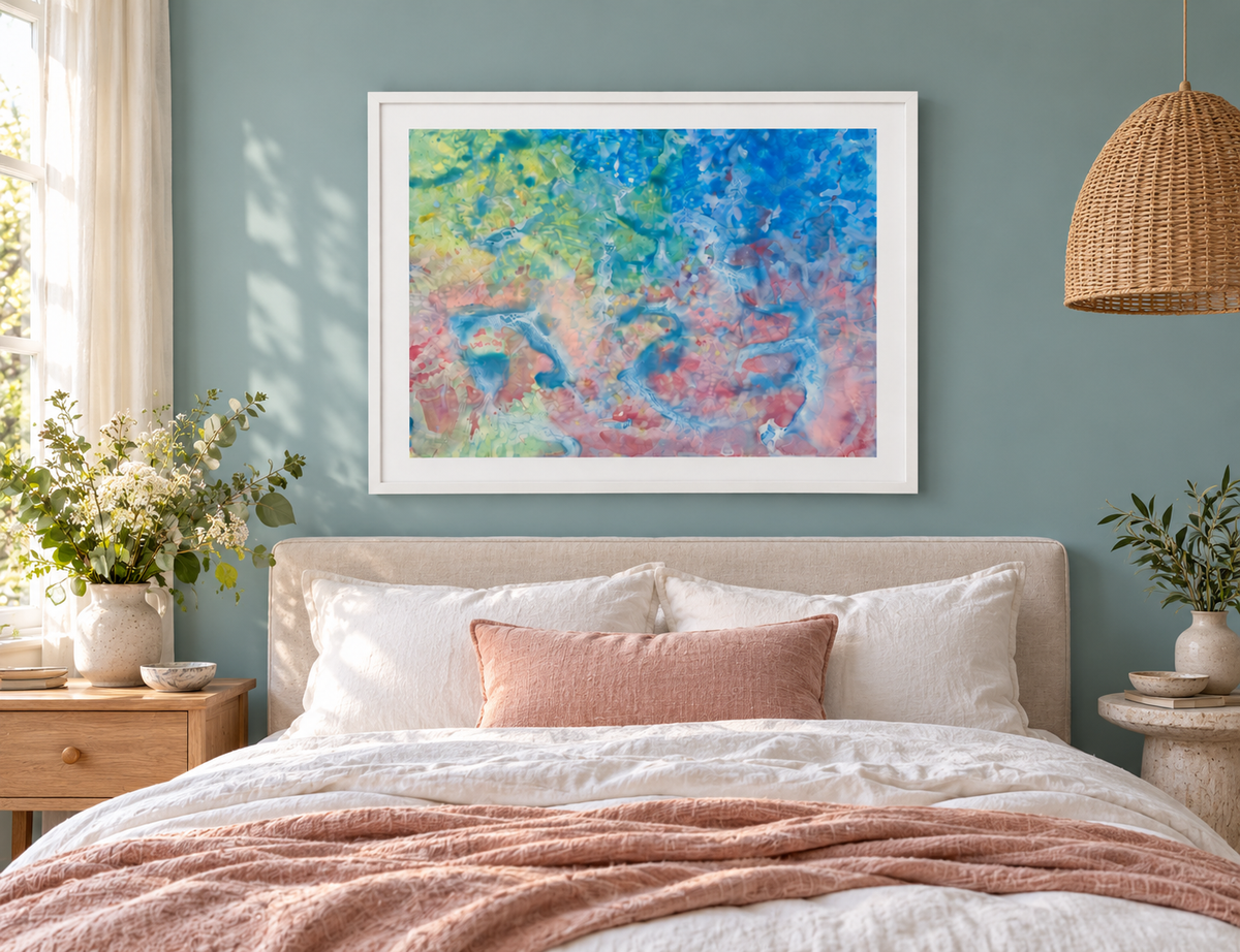 Illustrative interior mockup of Koi by Iris Grace in a white frame, with a complementary room scene