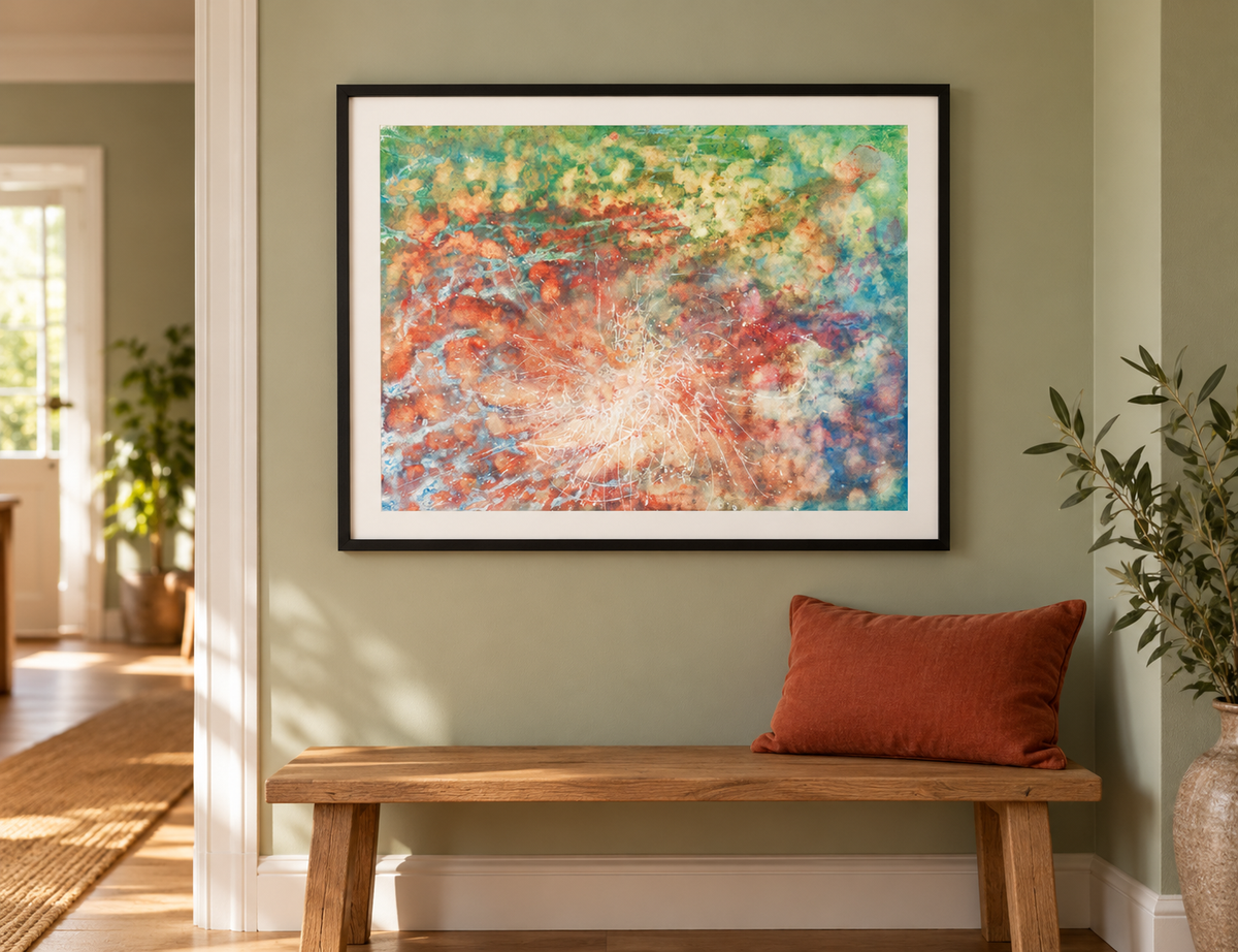 Illustrative room mockup of Kuendelea by Iris Grace in a black frame