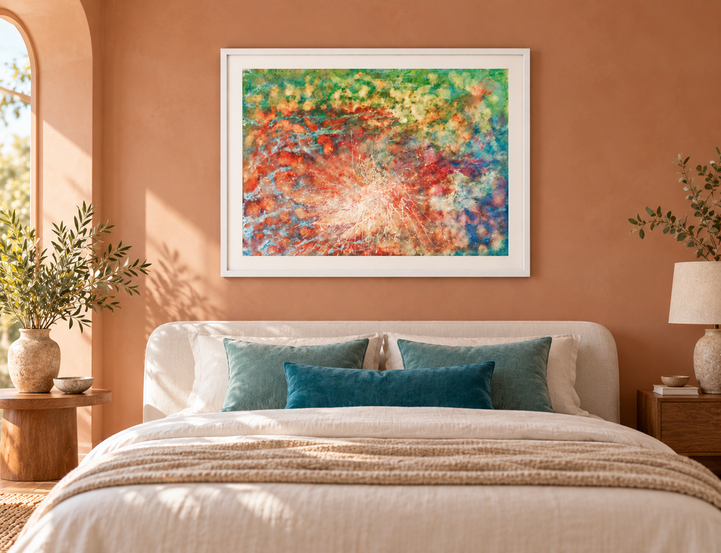 Illustrative interior mockup of Kuendelea by Iris Grace in a white frame, with a complementary room scene