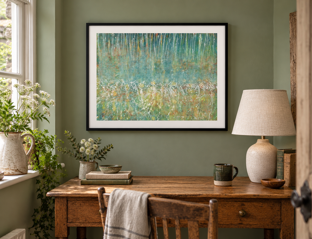 Illustrative room mockup of Kumbengo by Iris Grace in a black frame