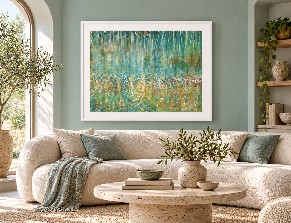 Illustrative interior mockup of Kumbengo by Iris Grace in a white frame, with a complementary room scene