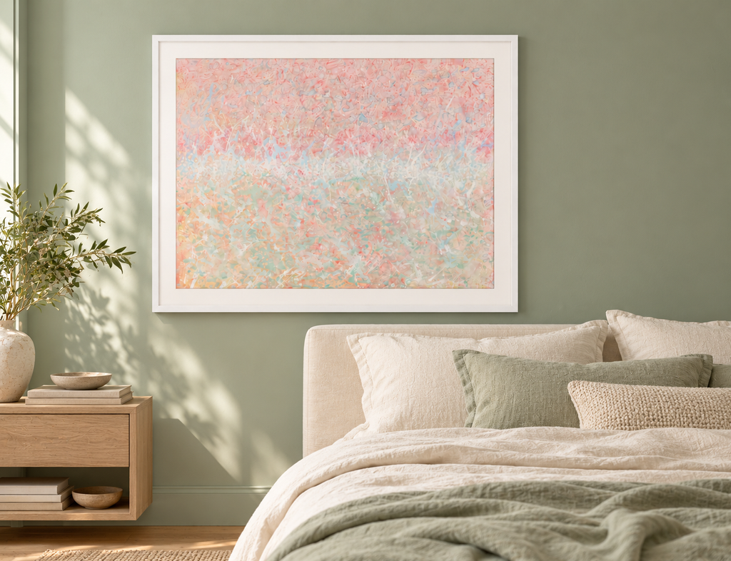 Illustrative interior mockup of Kupros by Iris Grace in a white frame, with a complementary room scene
