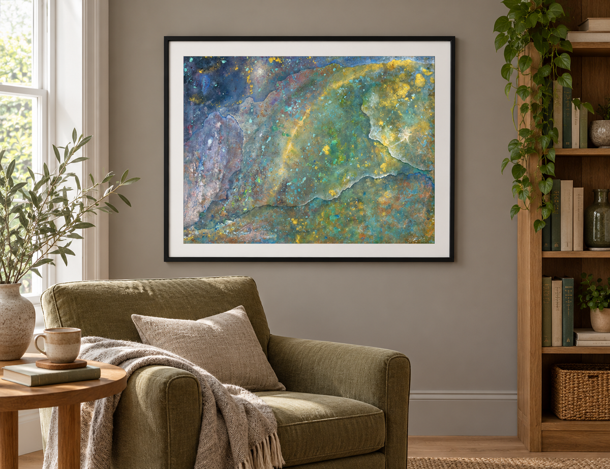 Illustrative room mockup of Longma by Iris Grace in a black frame