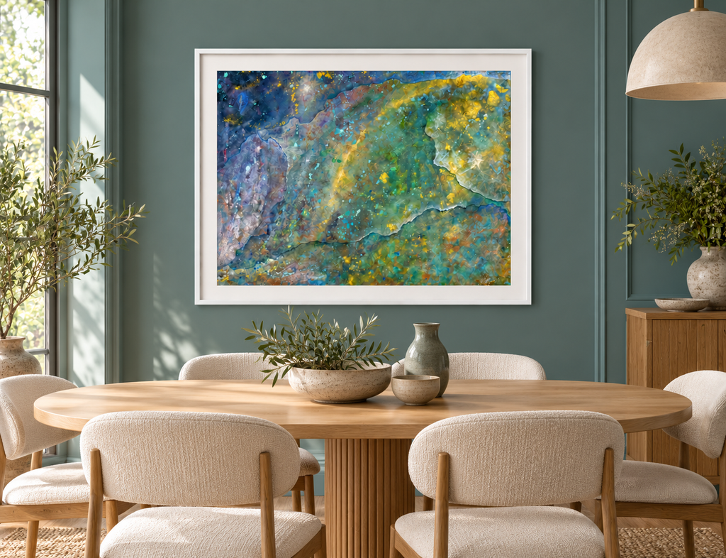 Illustrative interior mockup of Longma by Iris Grace in a white frame, with a complementary room scene