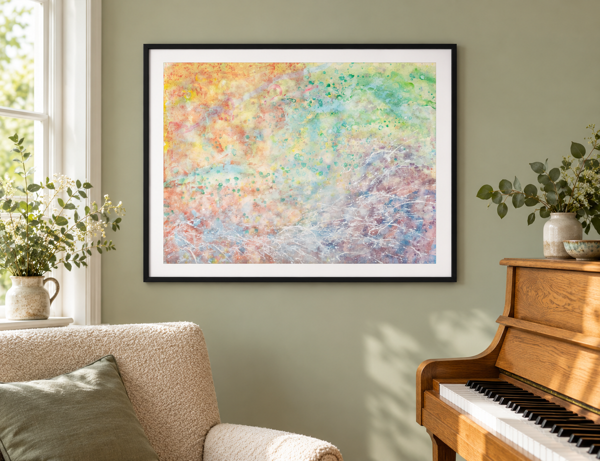 Illustrative room mockup of Magic Flute by Iris Grace in a black frame