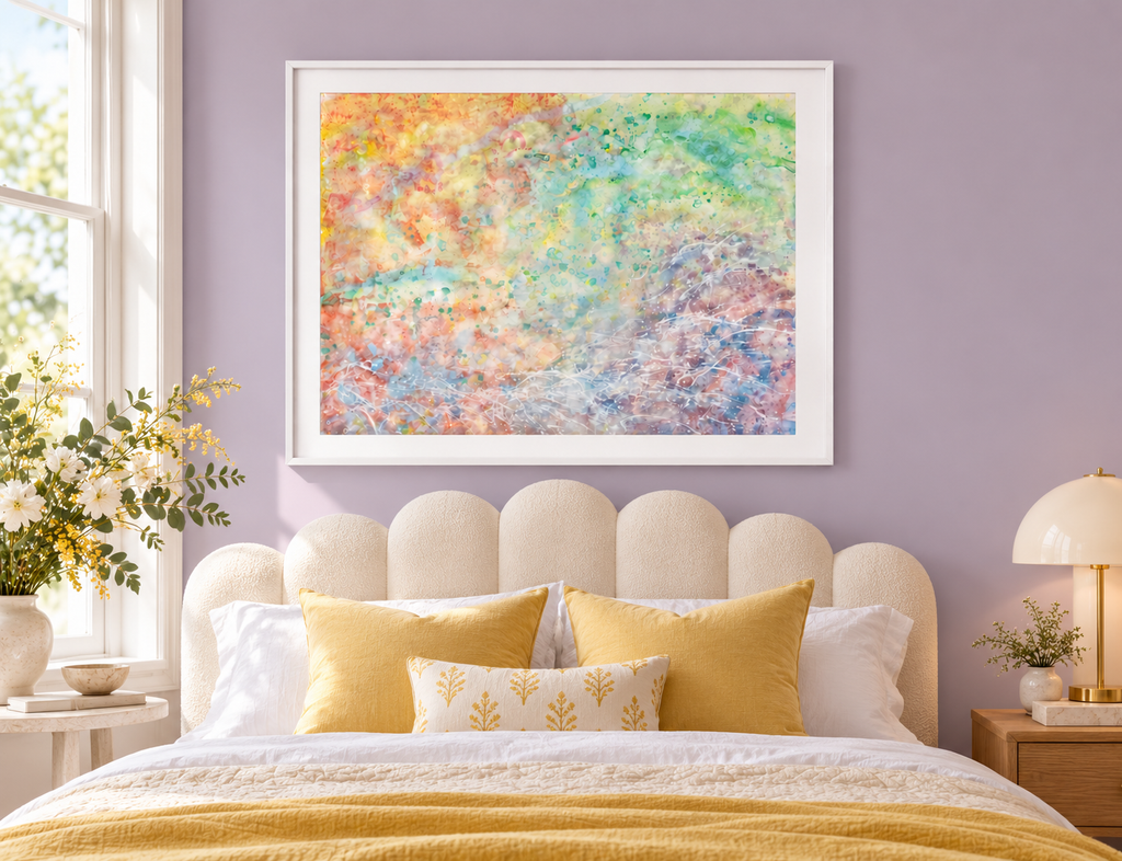 Illustrative interior mockup of Magic Flute by Iris Grace in a white frame, with a complementary room scene